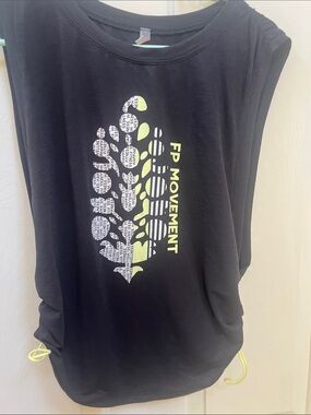 Free People Black Sleeveless Drawcord Tank with Small White Back Motif